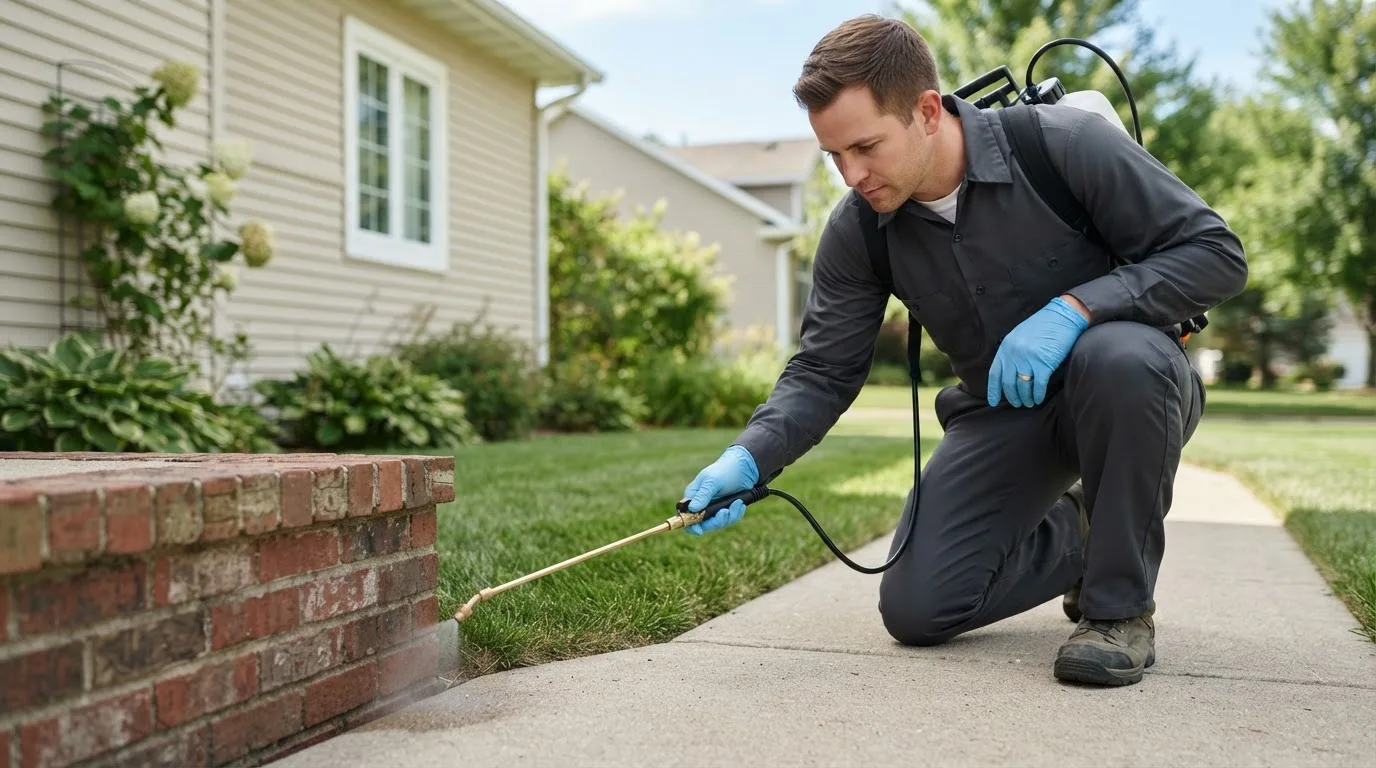 Pest control technician treating a home near Luana, IA