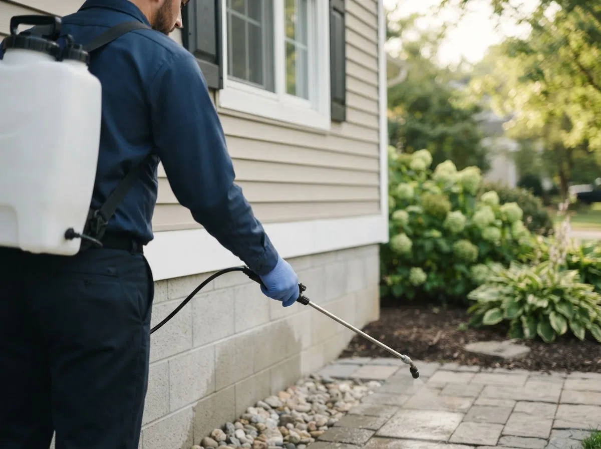Pest control technician inspecting a home in Luana, IA